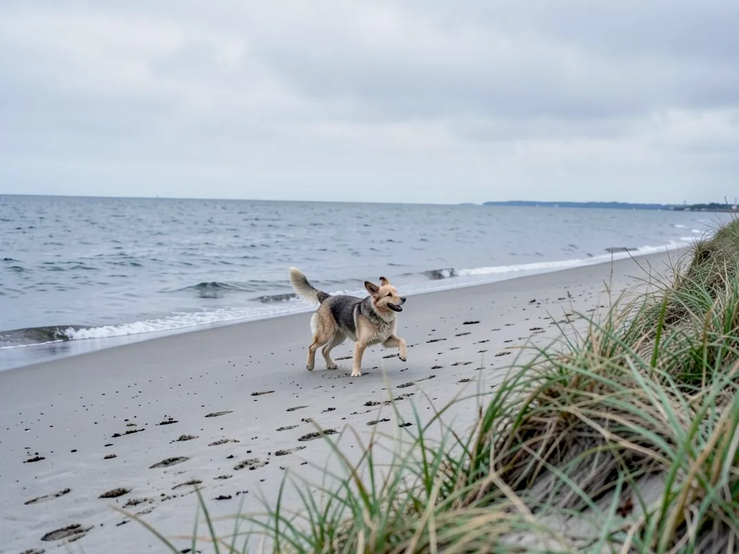 Hund läuft an einem weiten Ostseestrand entlang