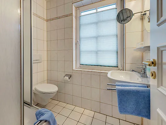 Helles Badezimmer mit Dusche, WC und Waschbecken am Fenster